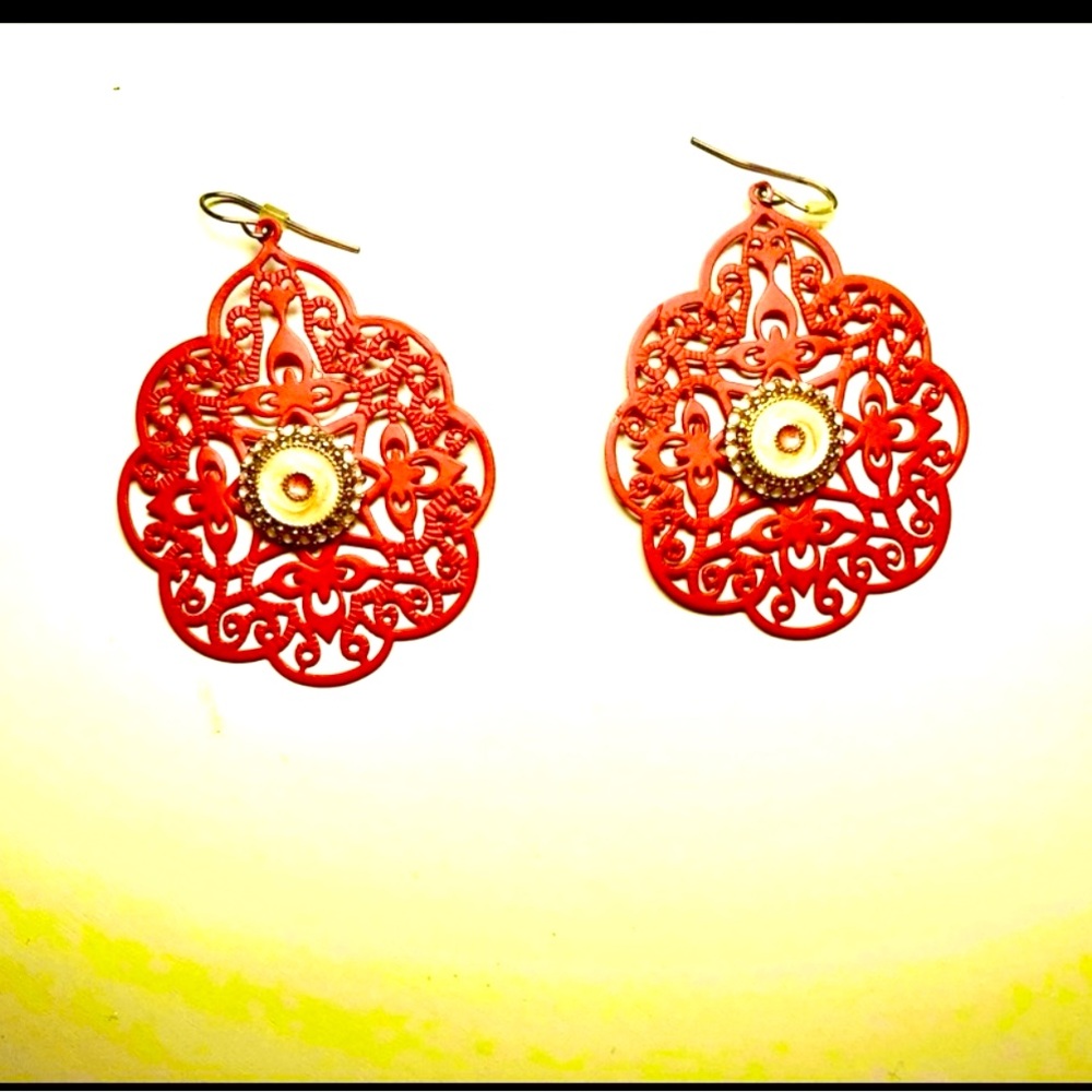 hand-painted red filigree earrings, lightweight